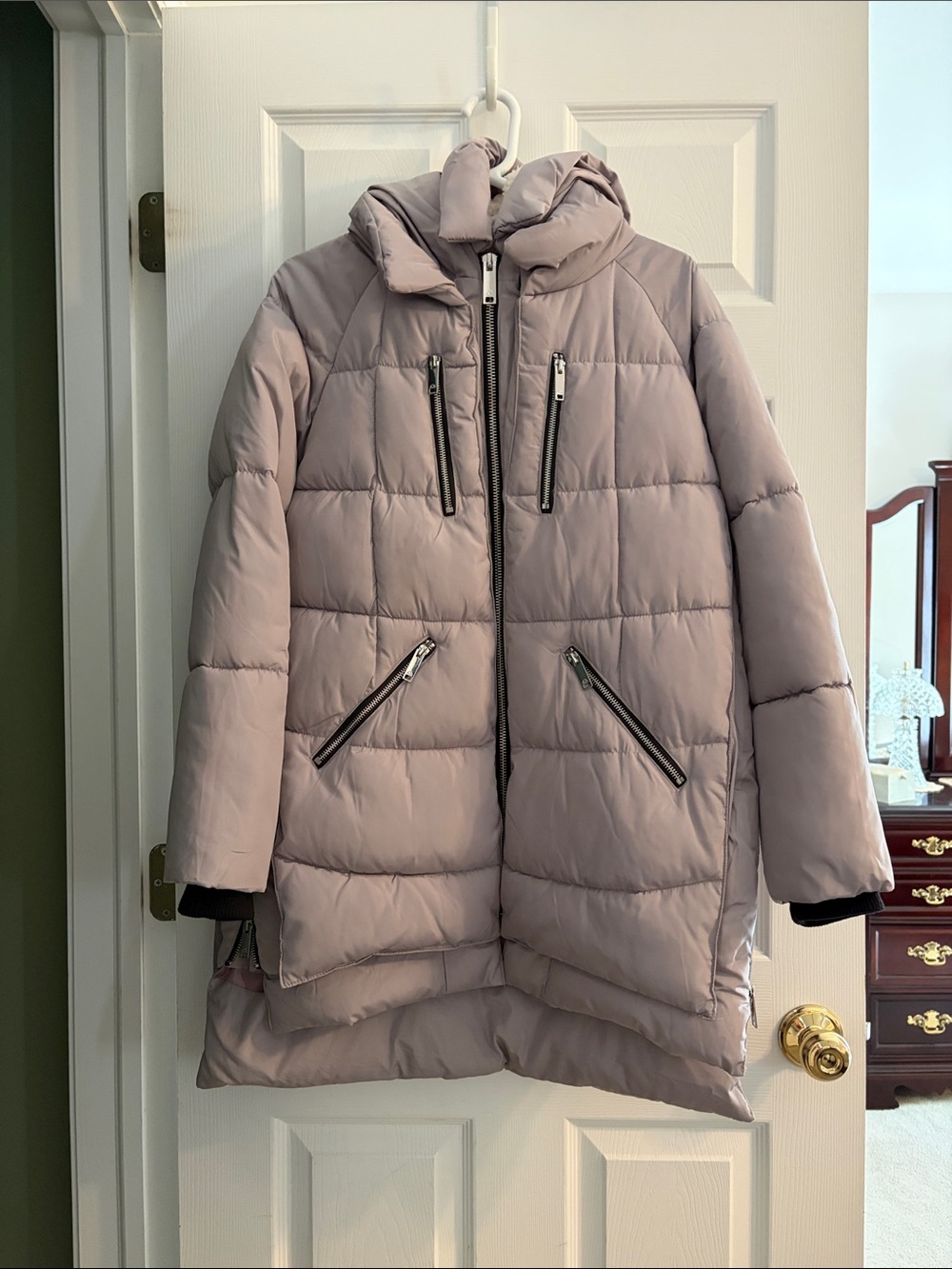 Dusty Mauve Quilted Puffer Coat with detachable hood